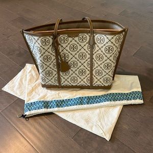 Tory Burch Tan Monogram Perry Triple Compartment Tote
